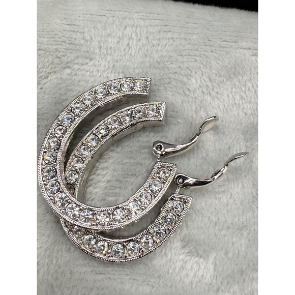 Vintage KJL Earrings Signed Clip‎ Ons Crystal Bling Hoops - Picture 5 of 7